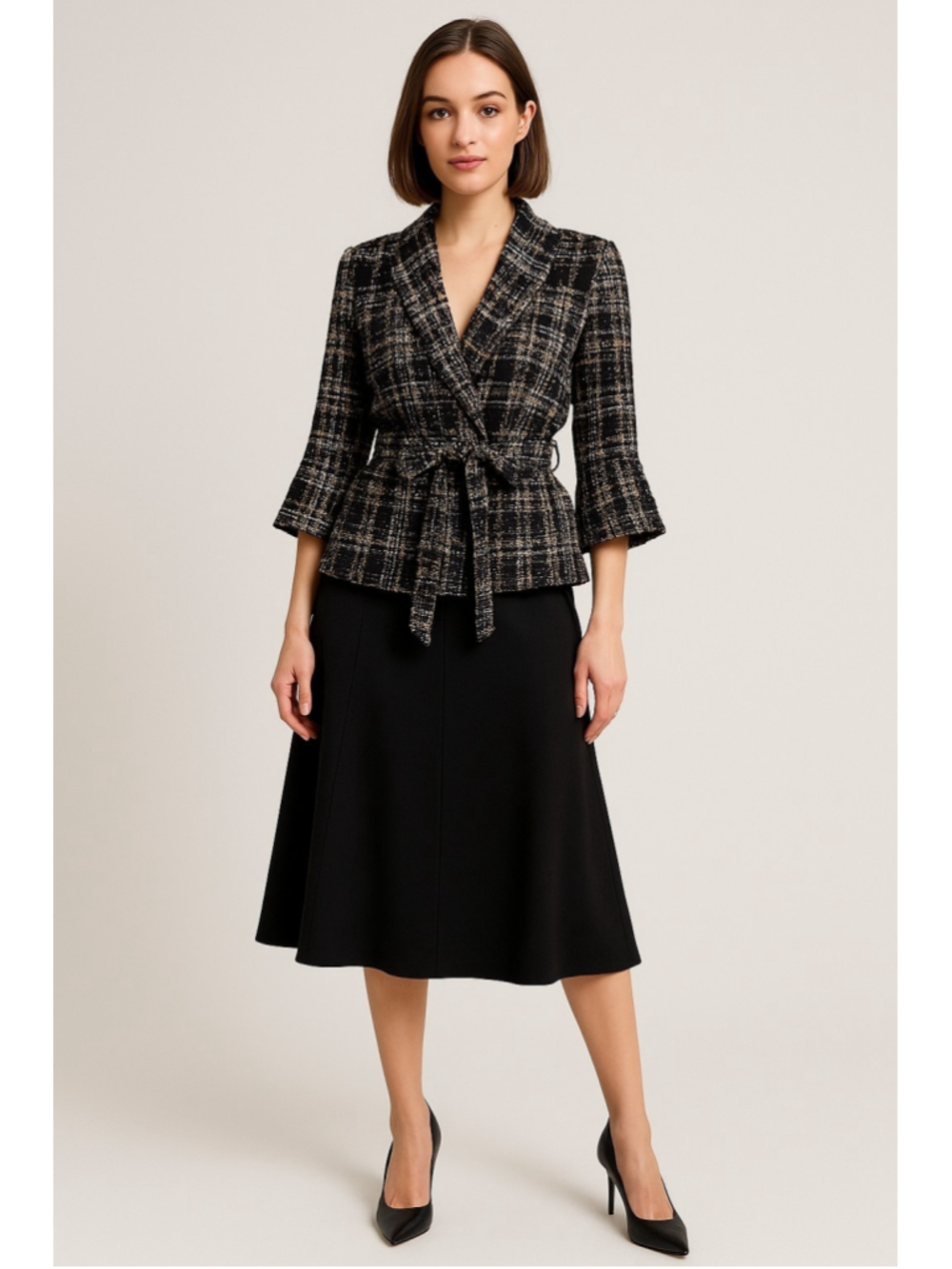 NWT Grace Elements Women's Size 10 Jacket Mocha Marigold Tweed Belted Blazer